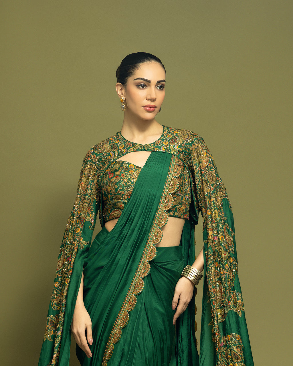 BOTTLE GREEN PRE-DRAPED SAREE WITH CAPE