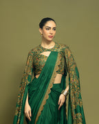 BOTTLE GREEN PRE-DRAPED SAREE WITH CAPE