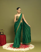 BOTTLE GREEN PRE-DRAPED SAREE WITH CAPE