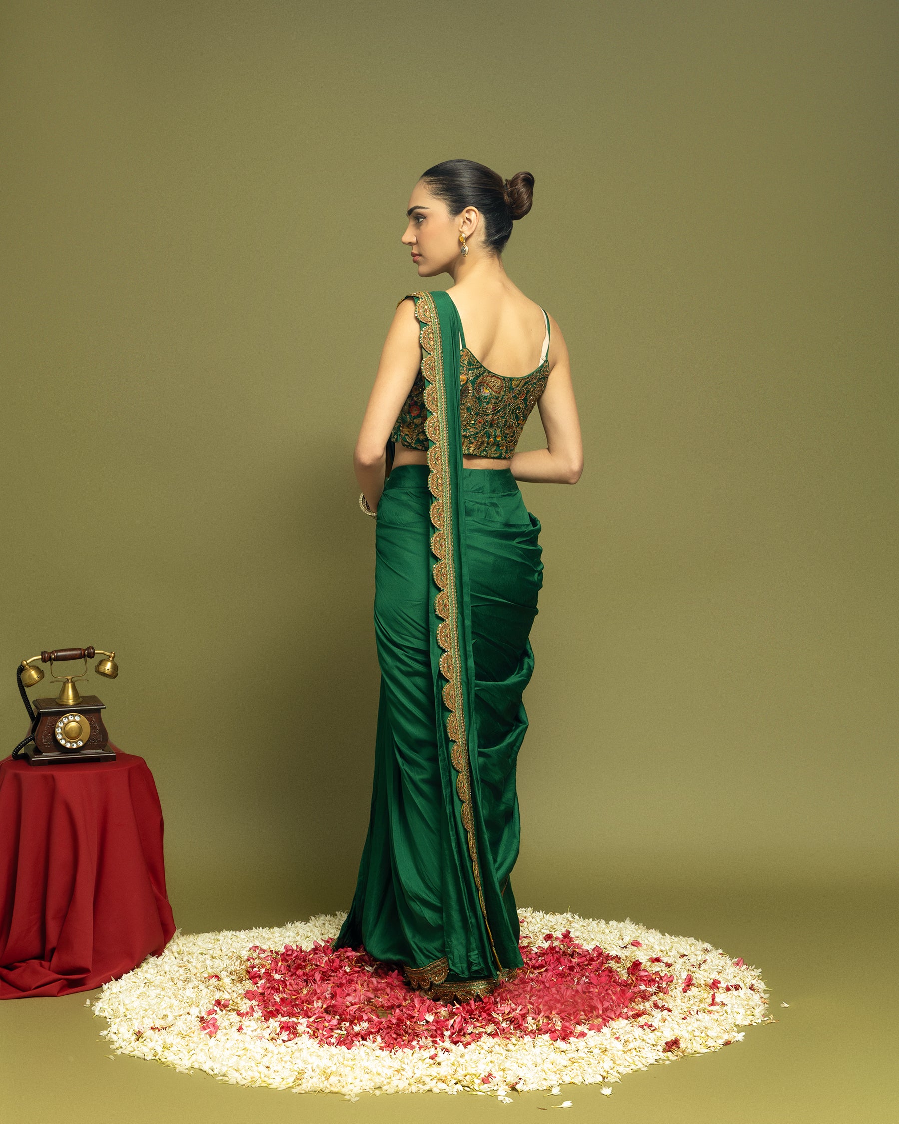 BOTTLE GREEN PRE-DRAPED SAREE WITH CAPE