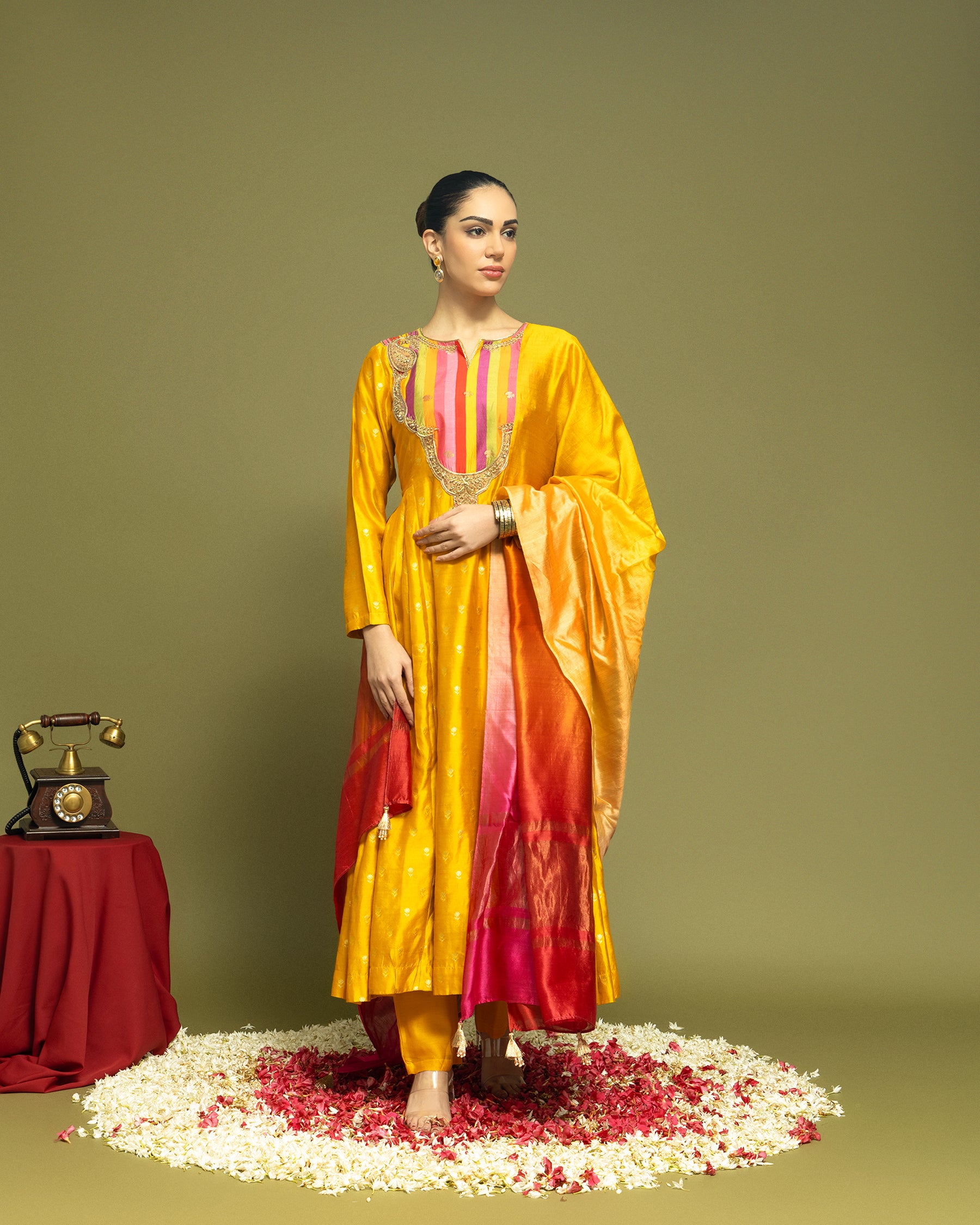 MUSTARD BANARASI SILK ANARKALI SET