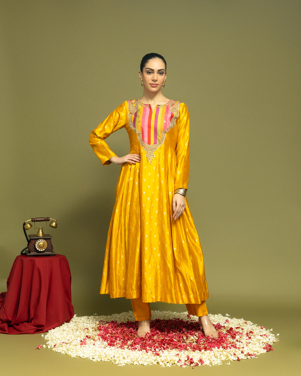 MUSTARD BANARASI SILK ANARKALI SET