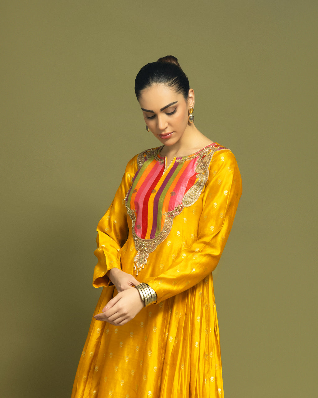 MUSTARD BANARASI SILK ANARKALI SET
