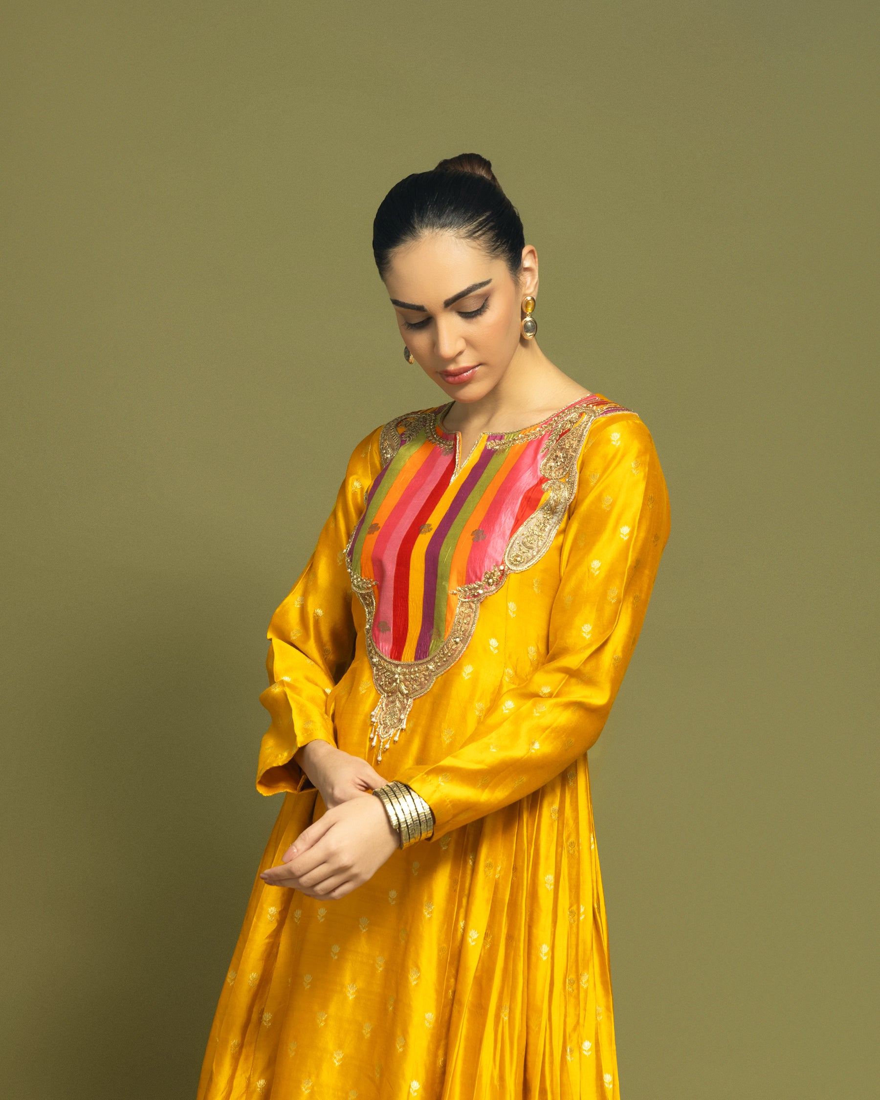MUSTARD BANARASI SILK ANARKALI SET
