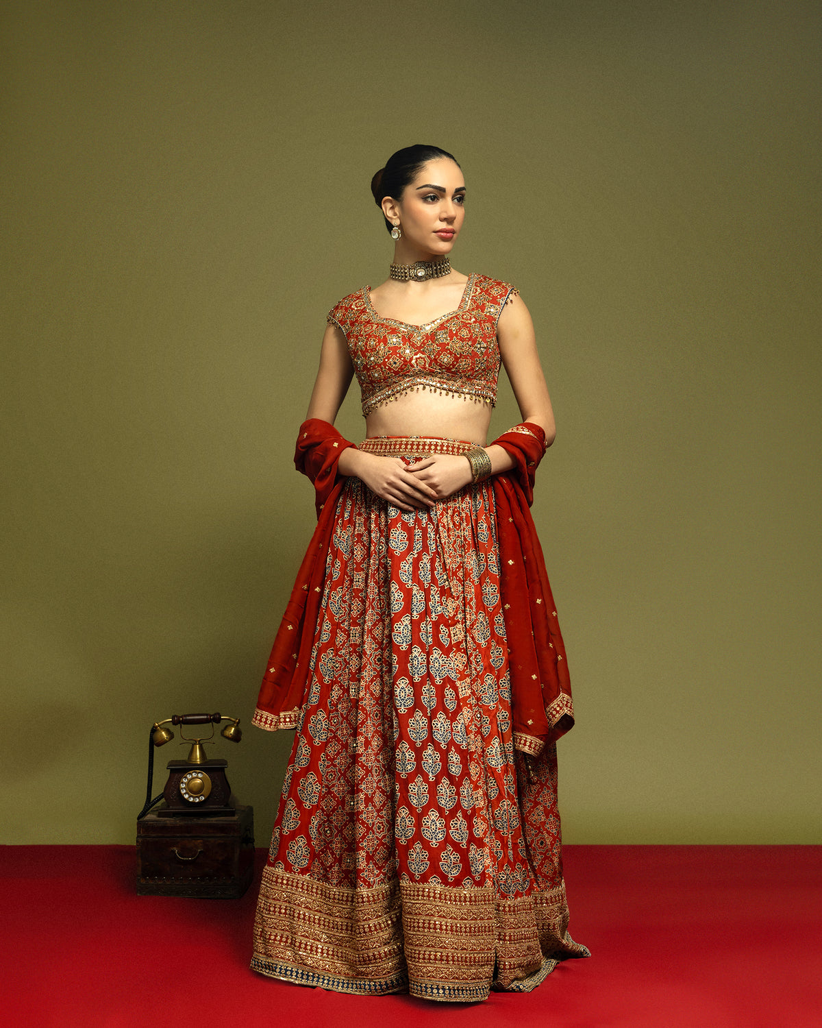 BRICK RED AJRAKH LEHENGA SET
