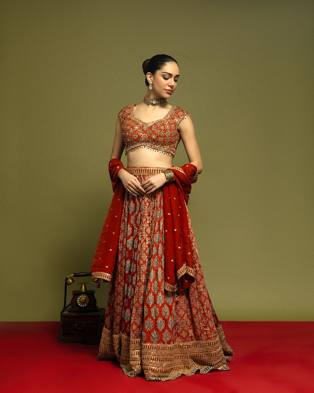 BRICK RED AJRAKH LEHENGA SET