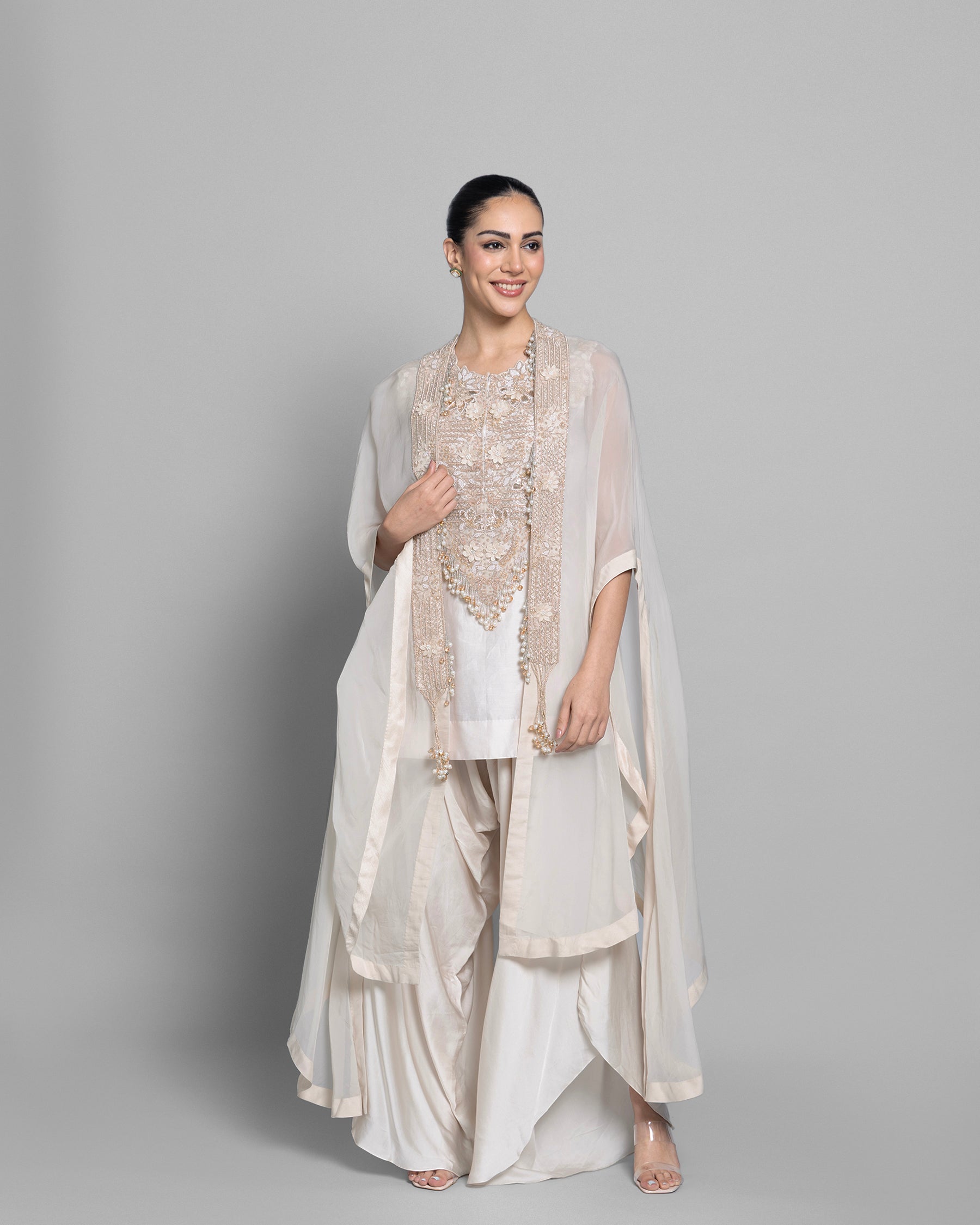 IVORY PEARL WORK CAPE AND TULIP PALAZZO SET