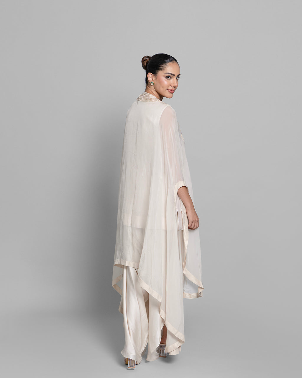IVORY PEARL WORK CAPE AND TULIP PALAZZO SET