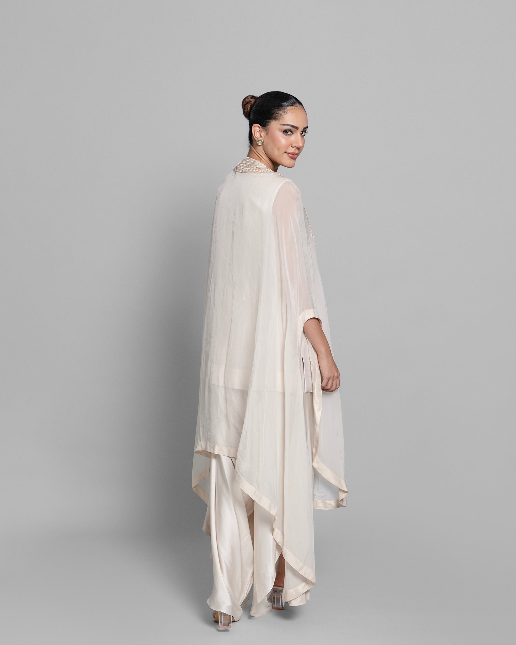 IVORY PEARL WORK CAPE AND TULIP PALAZZO SET