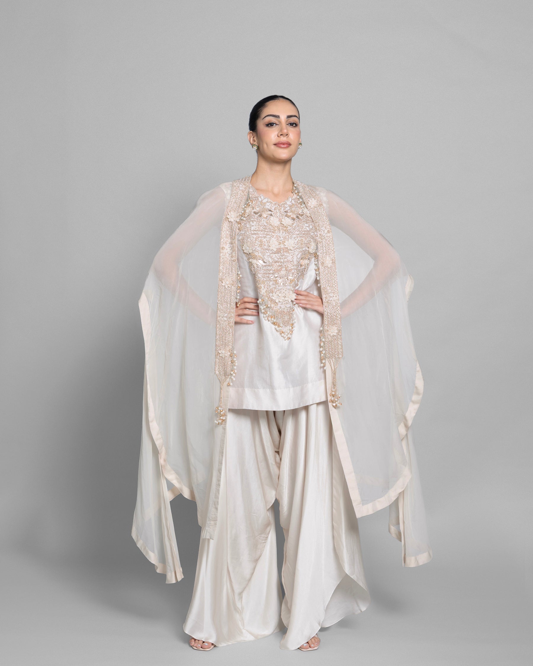 IVORY PEARL WORK CAPE AND TULIP PALAZZO SET
