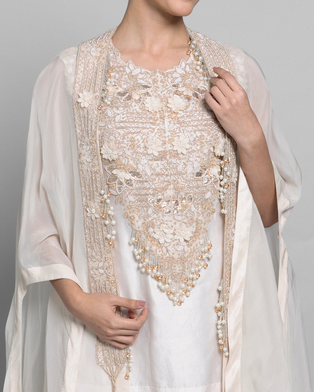 IVORY PEARL WORK CAPE AND TULIP PALAZZO SET