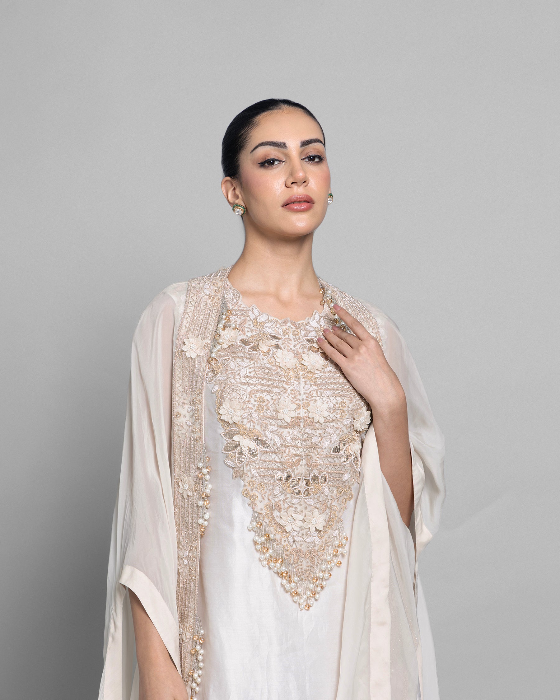 IVORY PEARL WORK CAPE AND TULIP PALAZZO SET