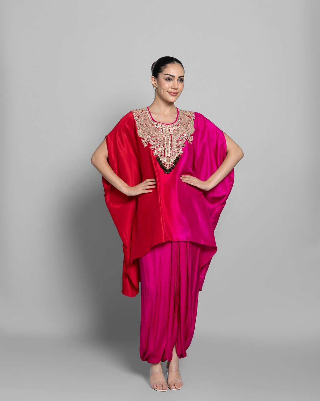 CORAL OMBRE KAFTAN & PLEATED SKIRT SET