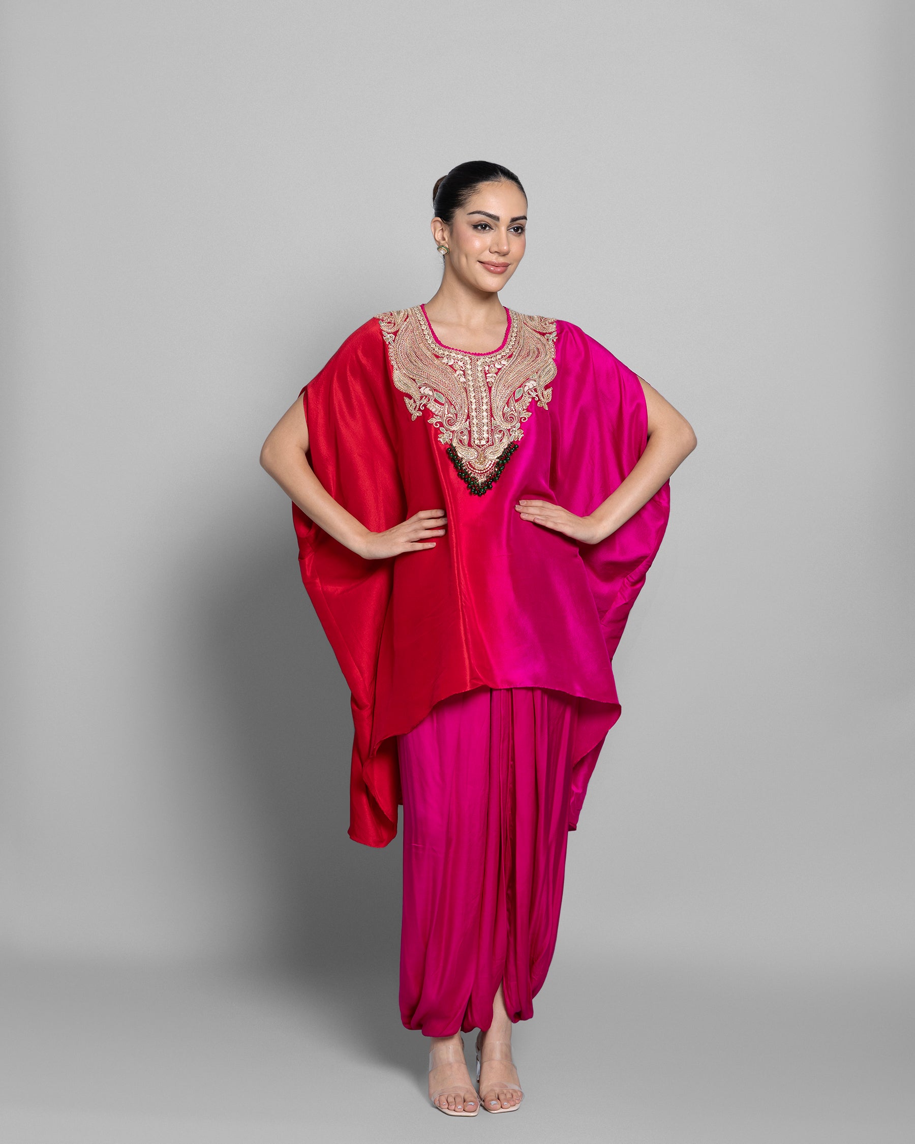 CORAL OMBRE KAFTAN & PLEATED SKIRT SET