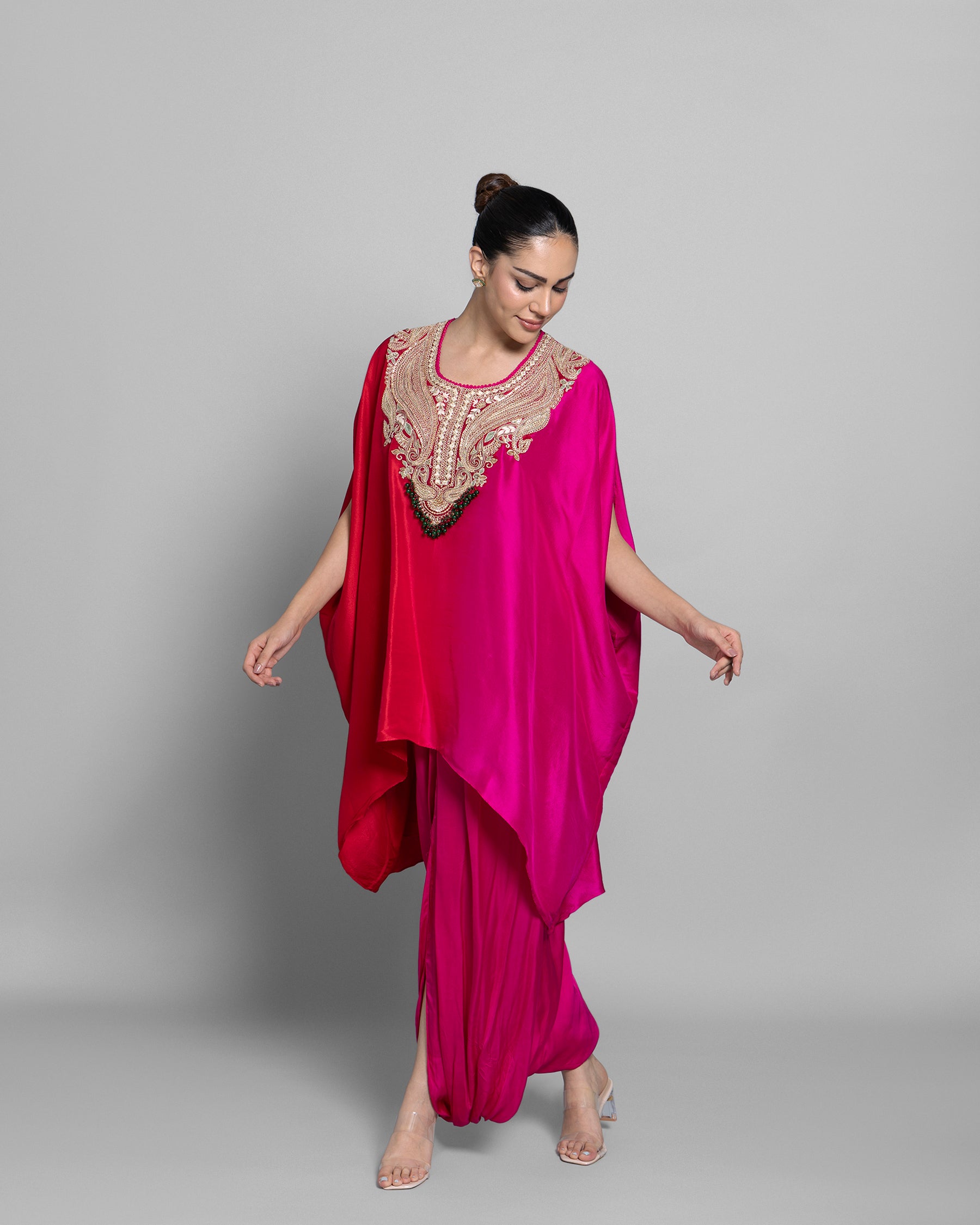 CORAL OMBRE KAFTAN & PLEATED SKIRT SET