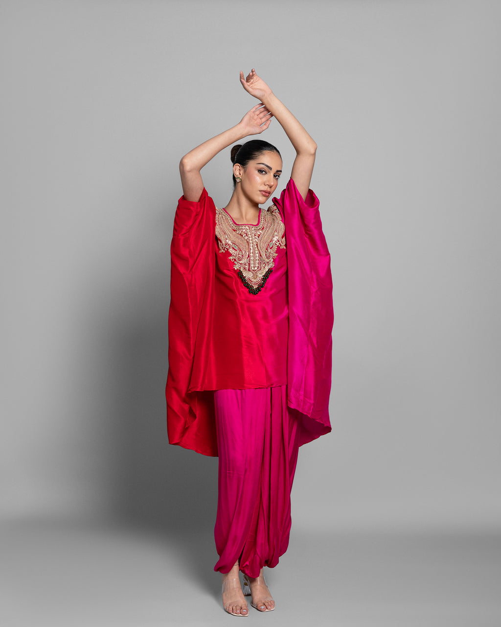CORAL OMBRE KAFTAN & PLEATED SKIRT SET