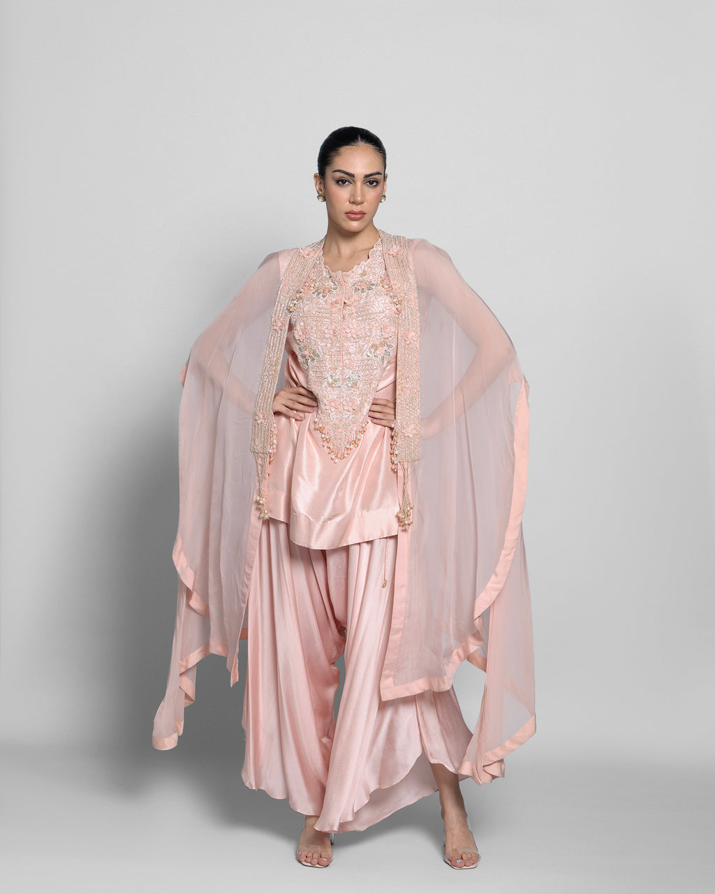 ROSE PINK PEARL WORK CAPE AND TULIP PALAZZO SET