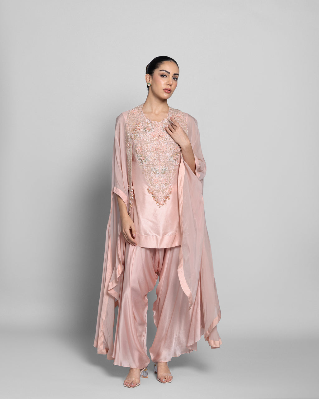 ROSE PINK PEARL WORK CAPE AND TULIP PALAZZO SET