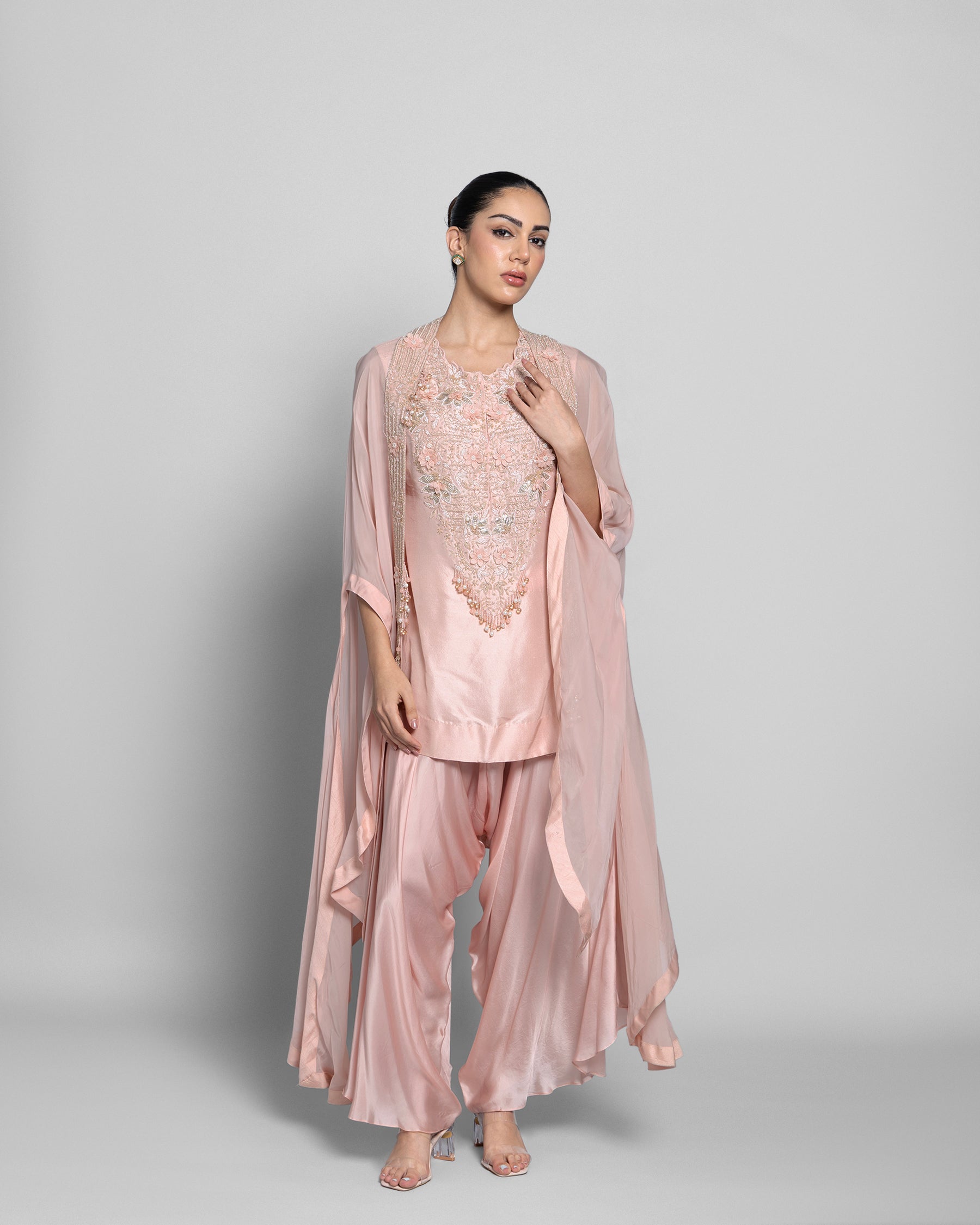 ROSE PINK PEARL WORK CAPE AND TULIP PALAZZO SET