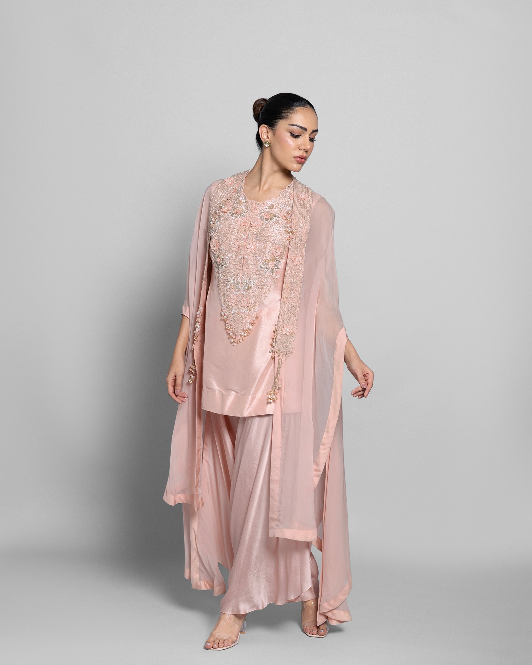 ROSE PINK PEARL WORK CAPE AND TULIP PALAZZO SET