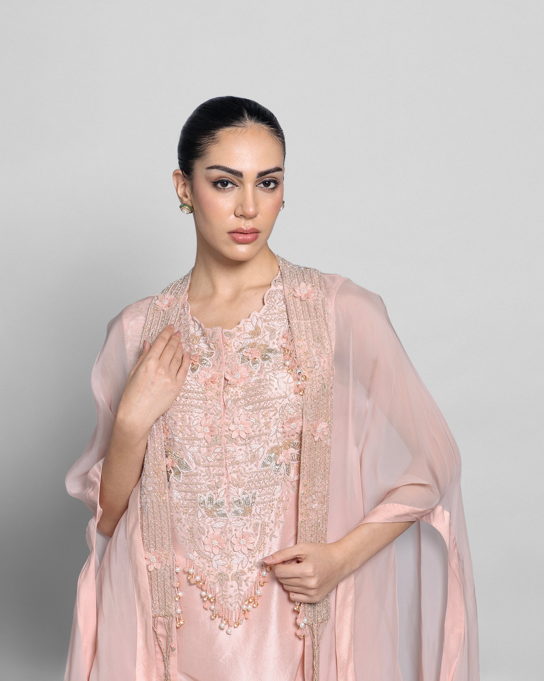ROSE PINK PEARL WORK CAPE AND TULIP PALAZZO SET