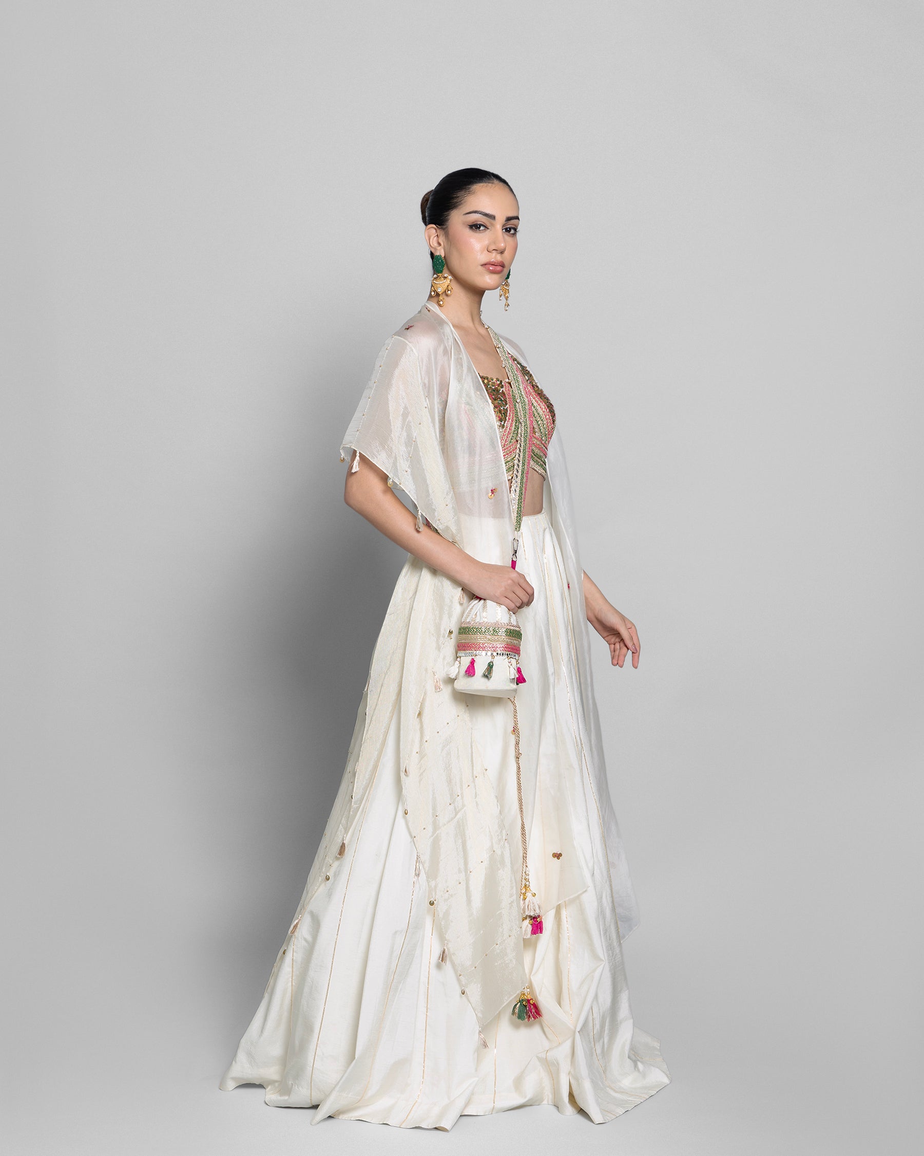 IVORY RAW SILK LEHENGA SET WITH CAPE