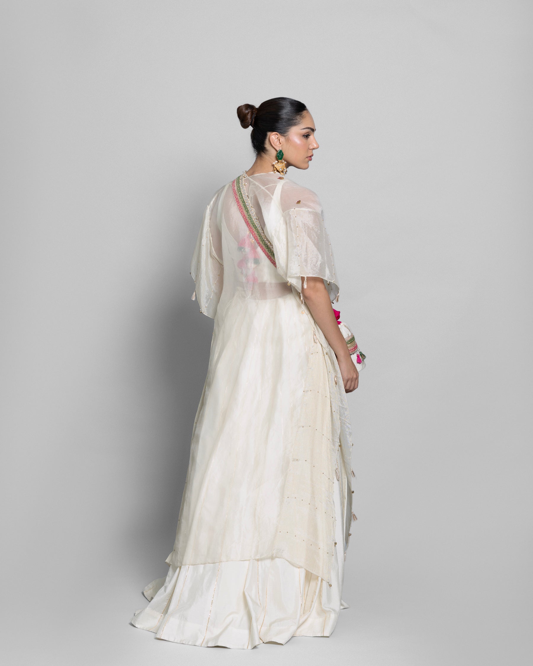 IVORY RAW SILK LEHENGA SET WITH CAPE
