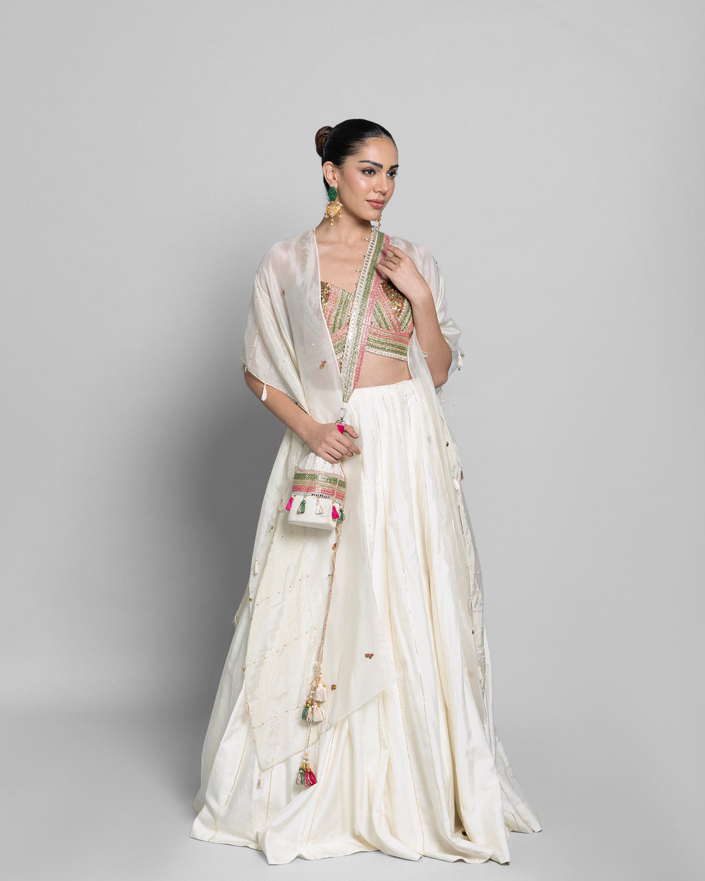 IVORY RAW SILK LEHENGA SET WITH CAPE