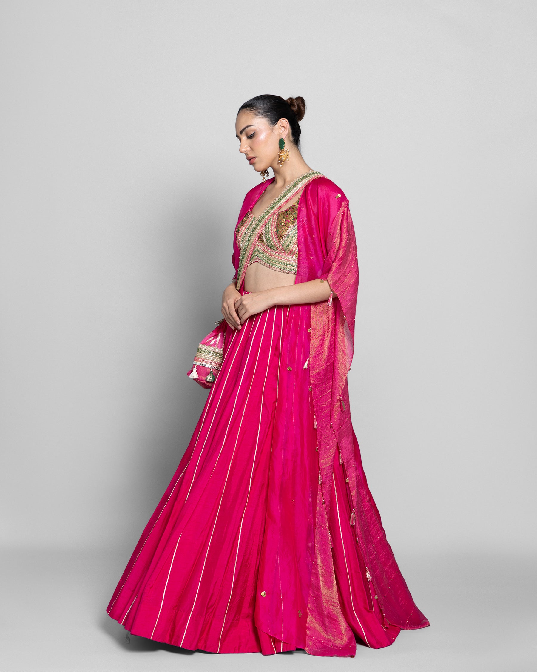 FUCHSIA RAW SILK LEHENGA SET WITH CAPE