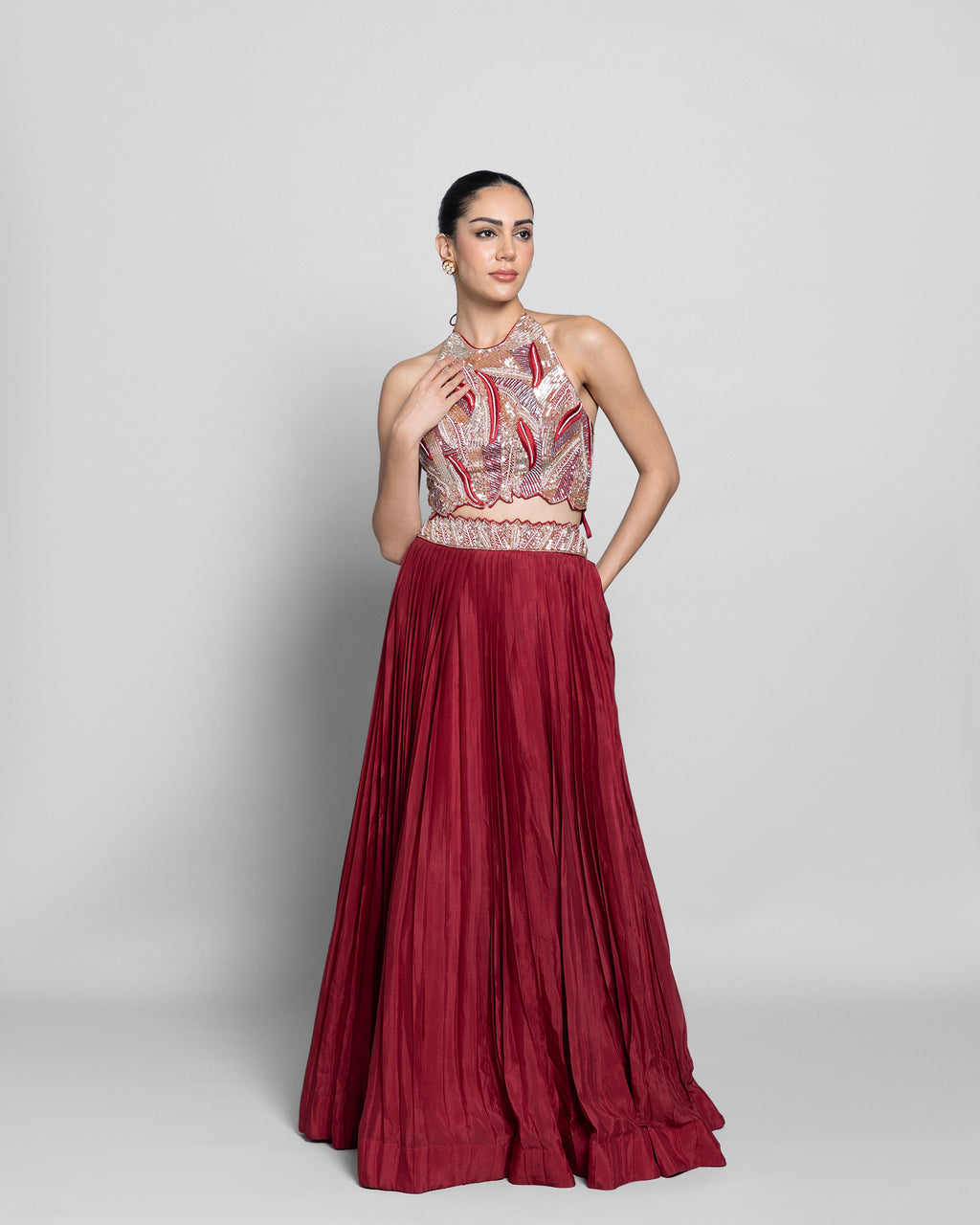 VINTAGE RED HALTER NECK LEHENGA CHOLI SET