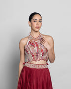 VINTAGE RED HALTER NECK LEHENGA CHOLI SET