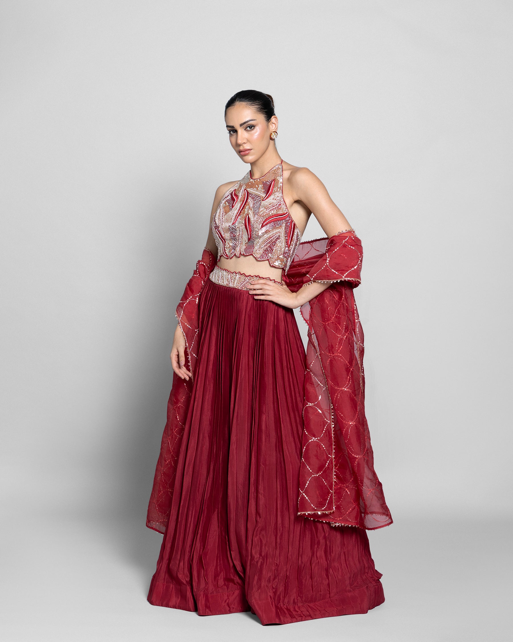 VINTAGE RED HALTER NECK LEHENGA CHOLI SET