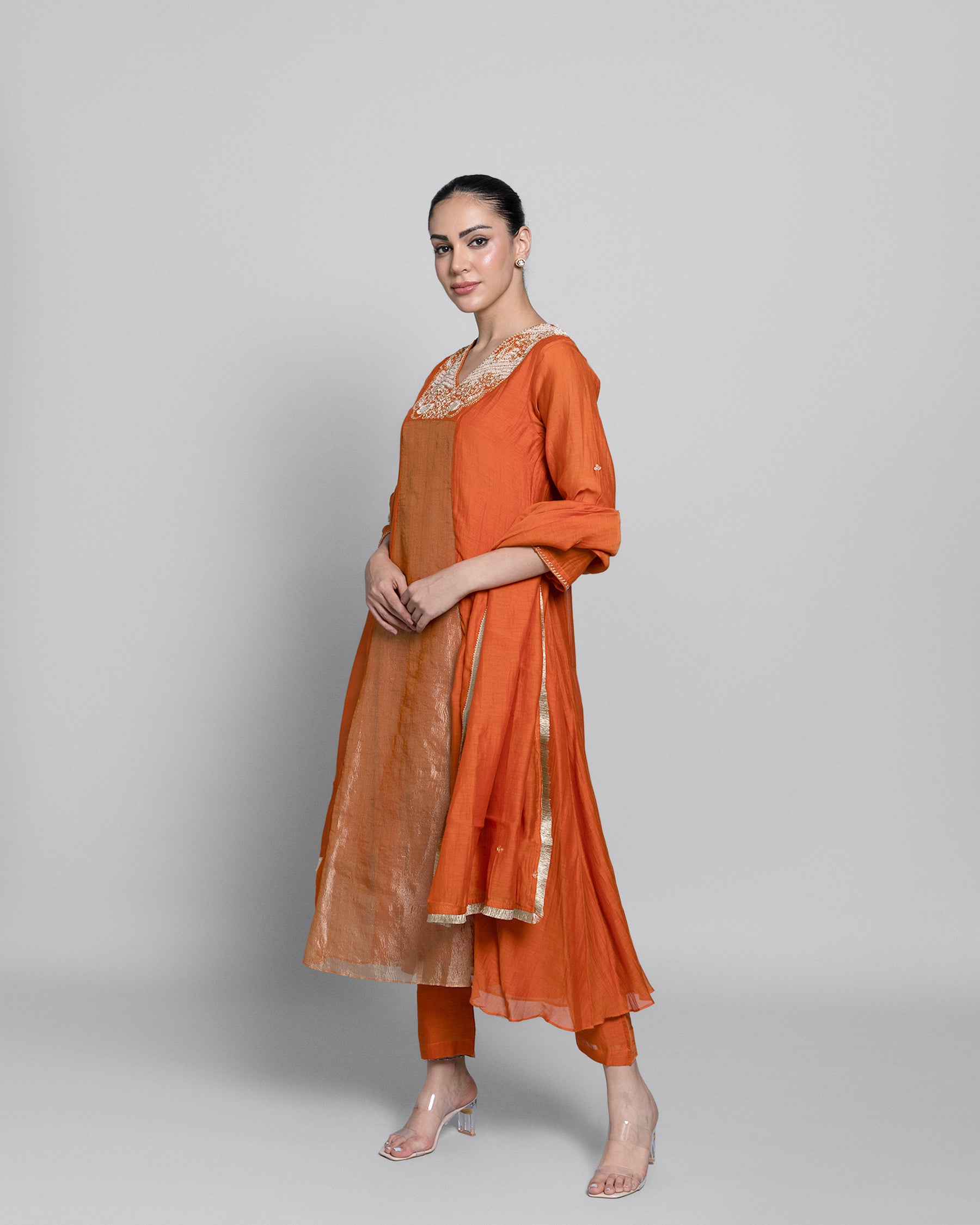 SAFFRON MUL CHANDERI A-LINE KURTA SET