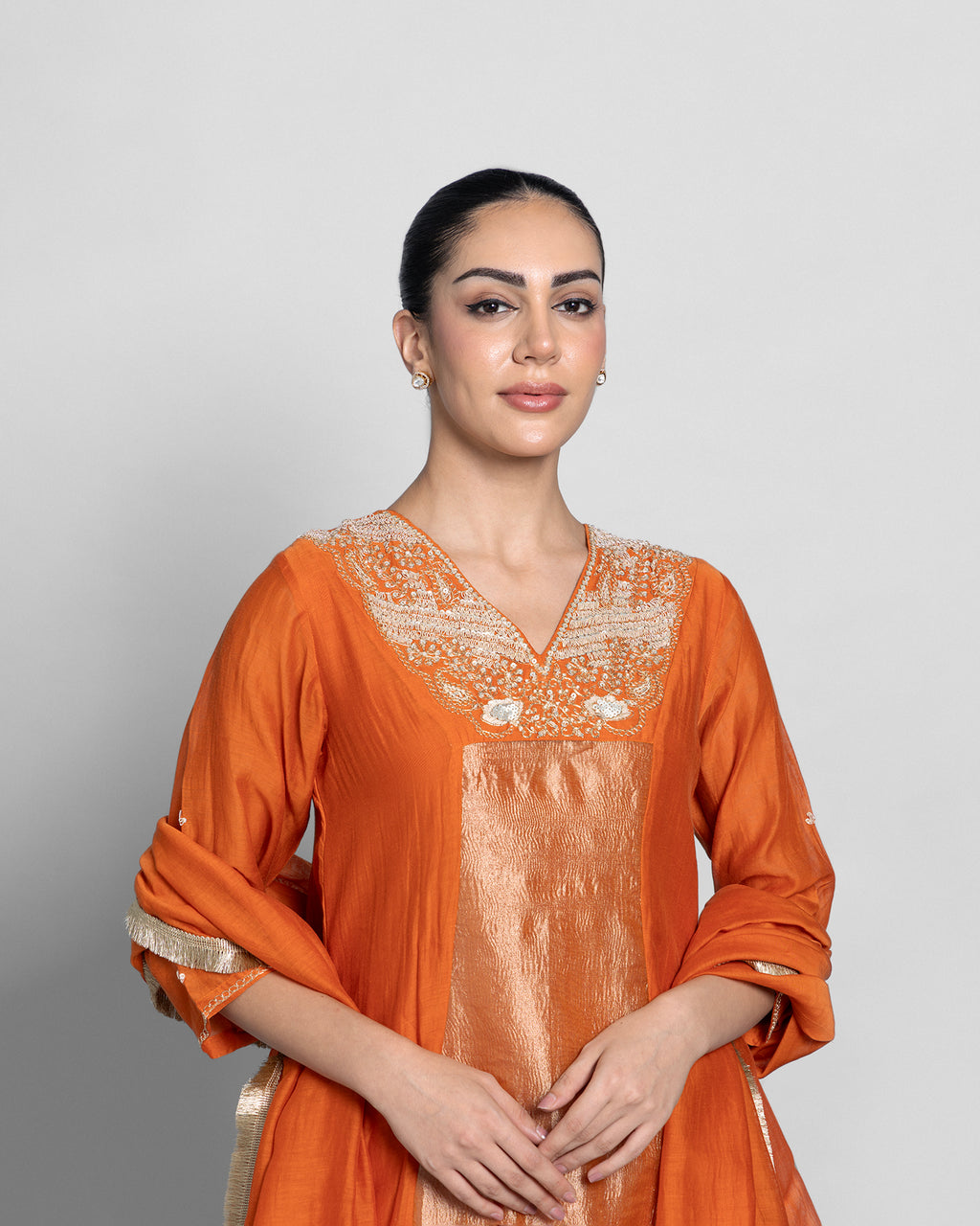 SAFFRON MUL CHANDERI A-LINE KURTA SET