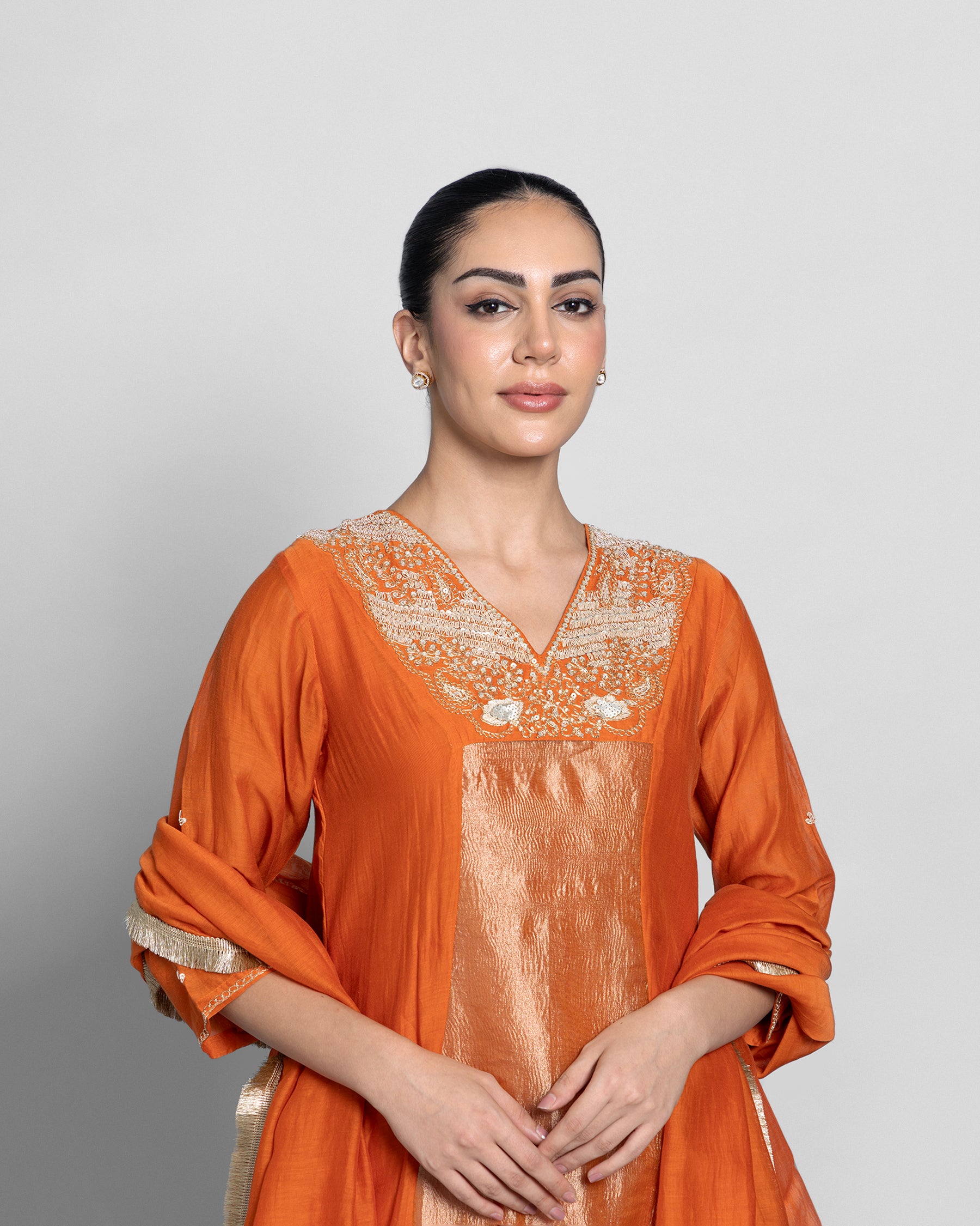 SAFFRON MUL CHANDERI A-LINE KURTA SET