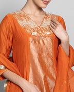 SAFFRON MUL CHANDERI A-LINE KURTA SET