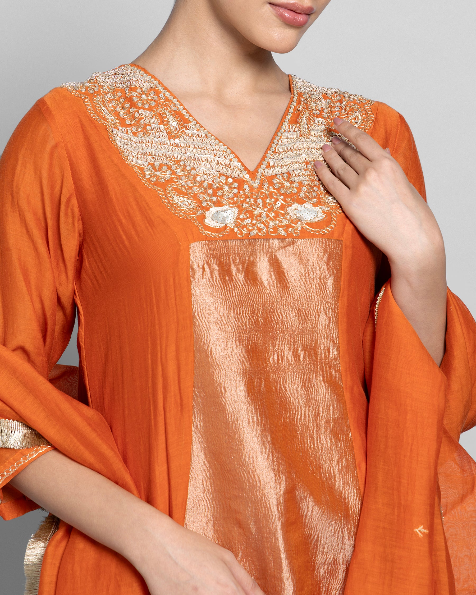 SAFFRON MUL CHANDERI A-LINE KURTA SET