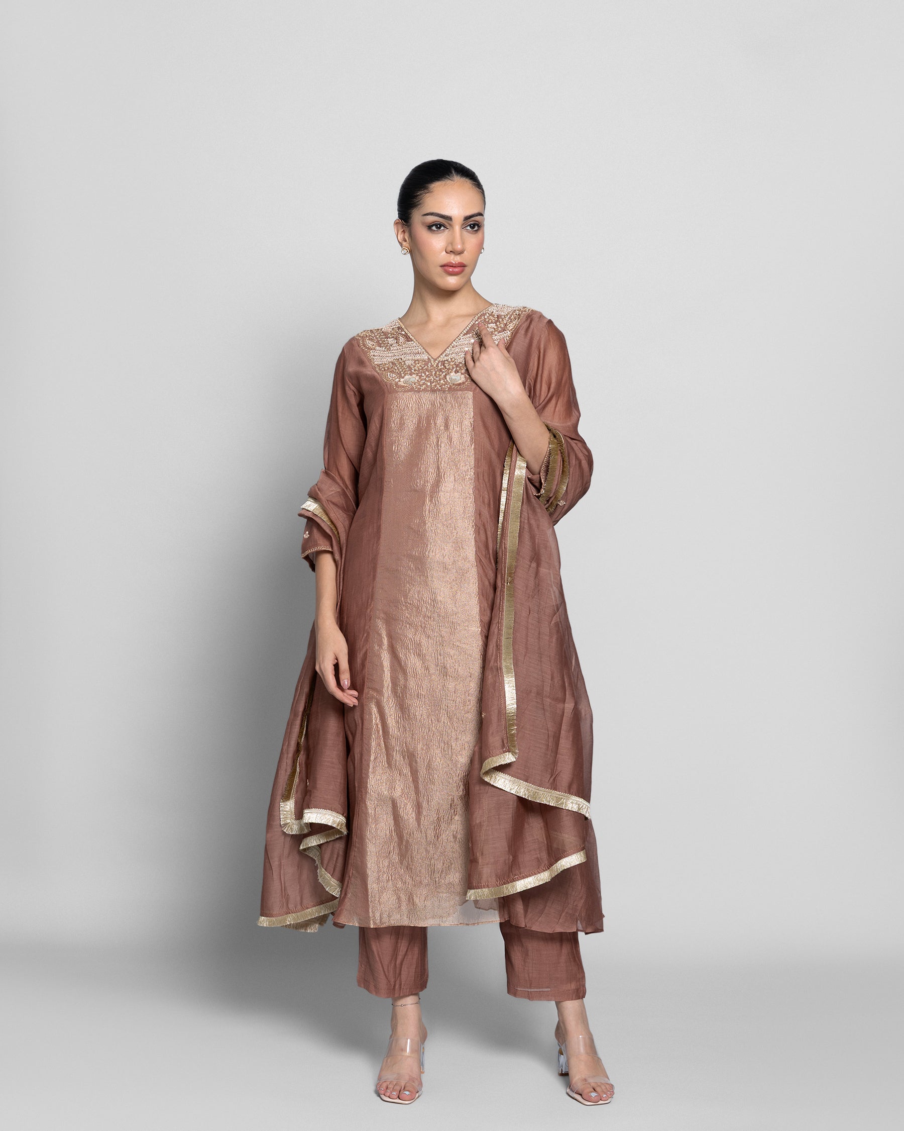 MOCHA MUL CHANDERI A-LINE KURTA SET