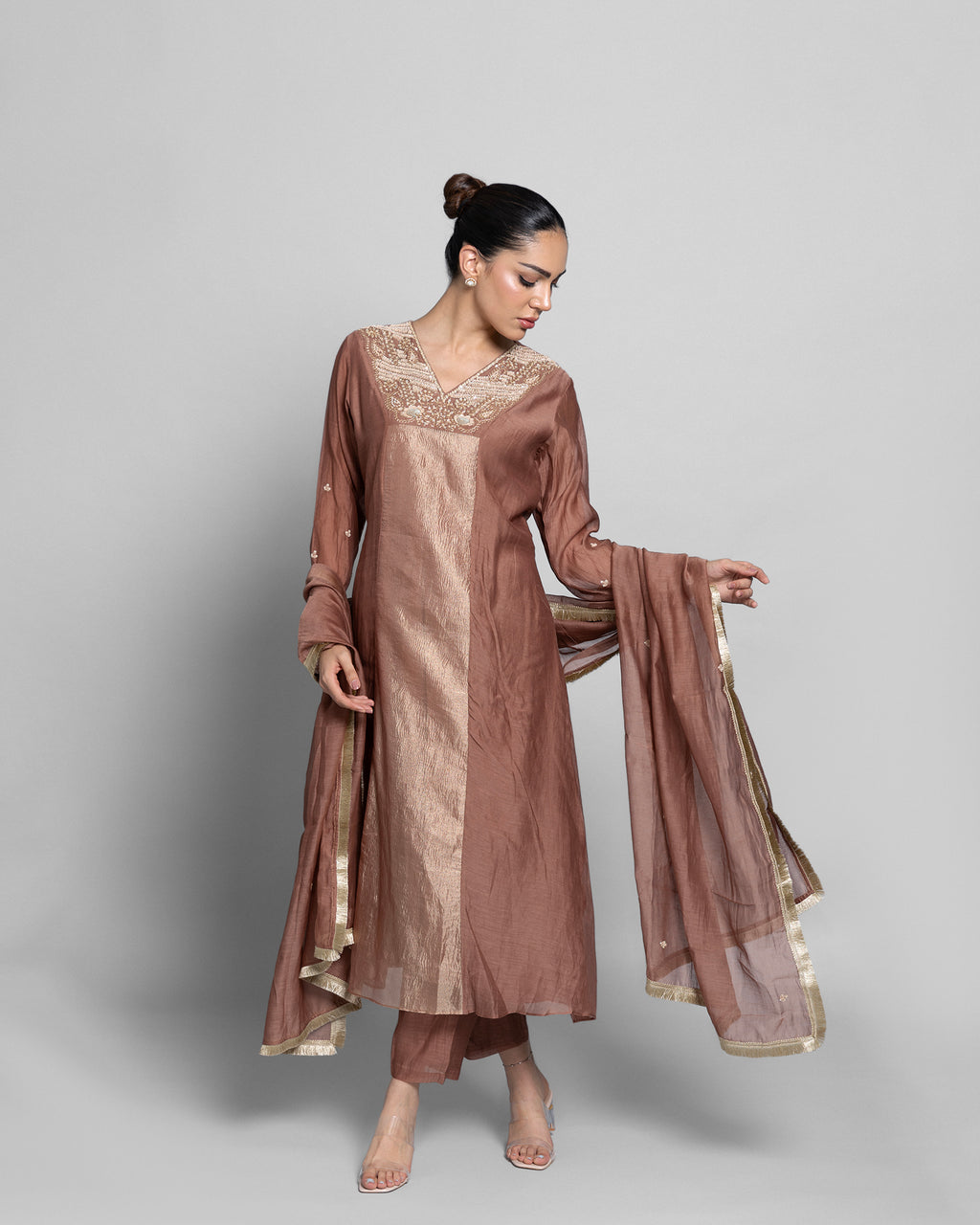 MOCHA MUL CHANDERI A-LINE KURTA SET