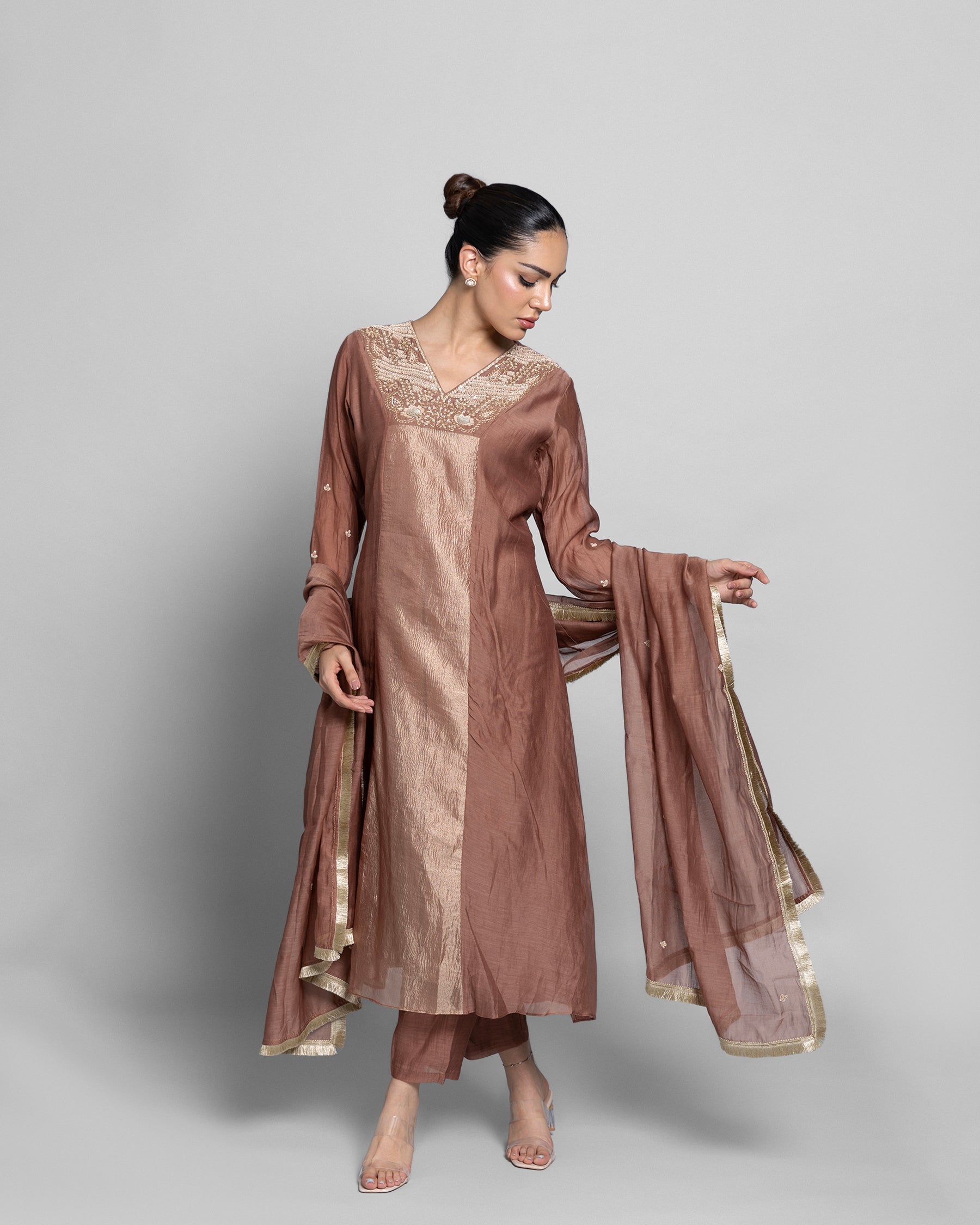 MOCHA MUL CHANDERI A-LINE KURTA SET