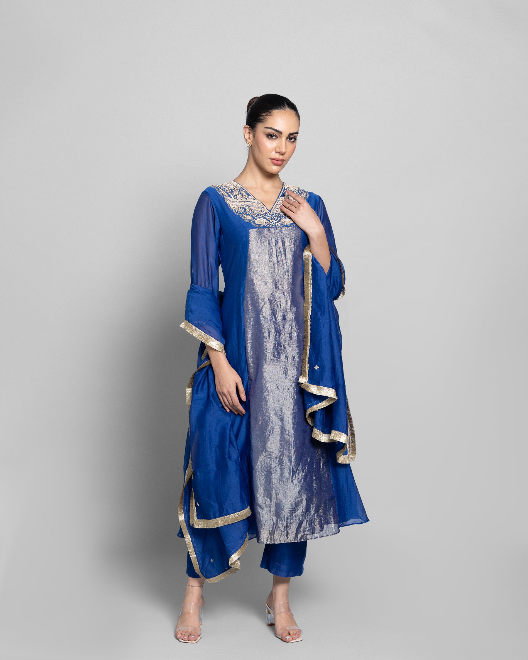 INDIGO MUL CHANDERI A-LINE KURTA SET