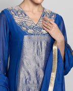 INDIGO MUL CHANDERI A-LINE KURTA SET