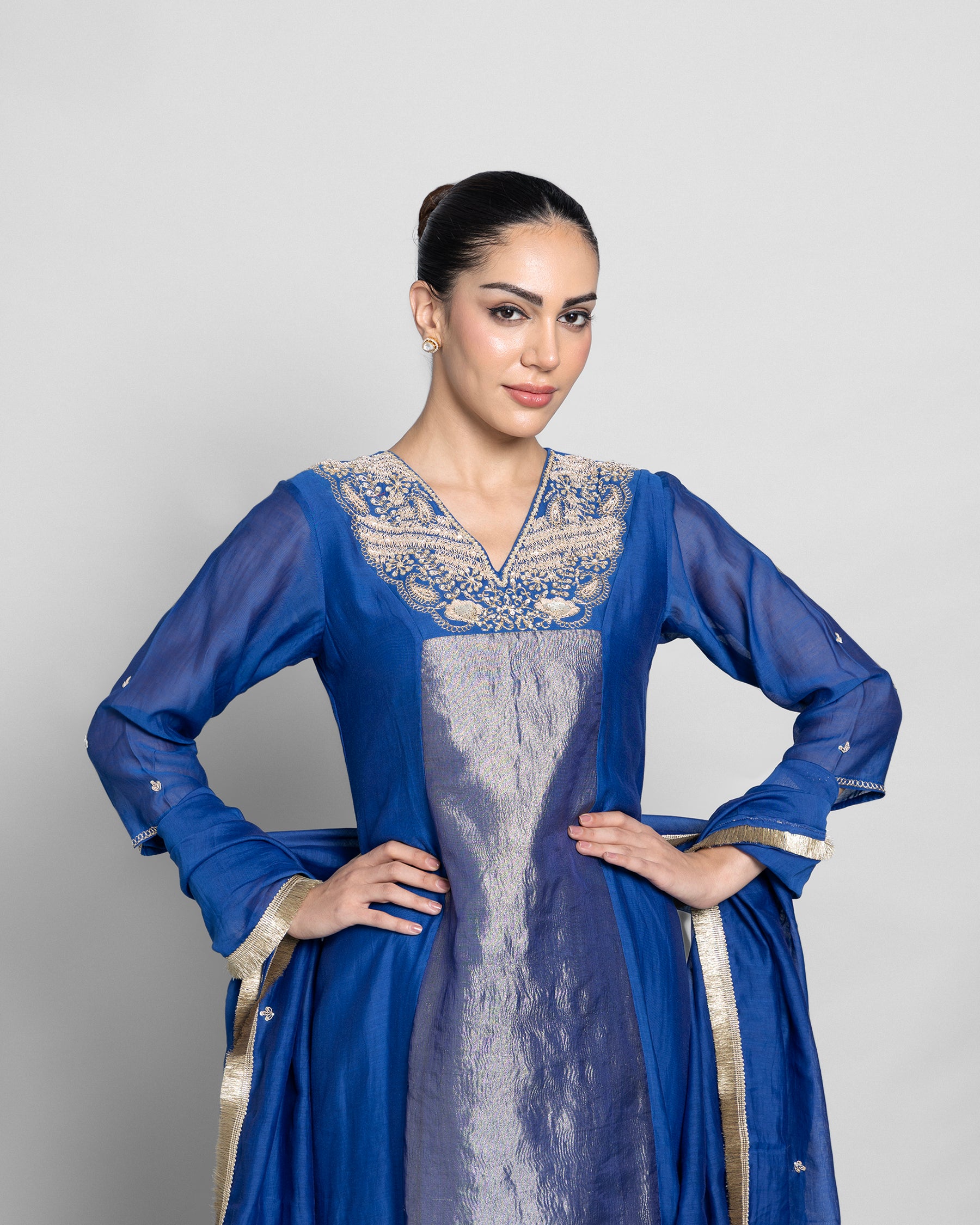 INDIGO MUL CHANDERI A-LINE KURTA SET