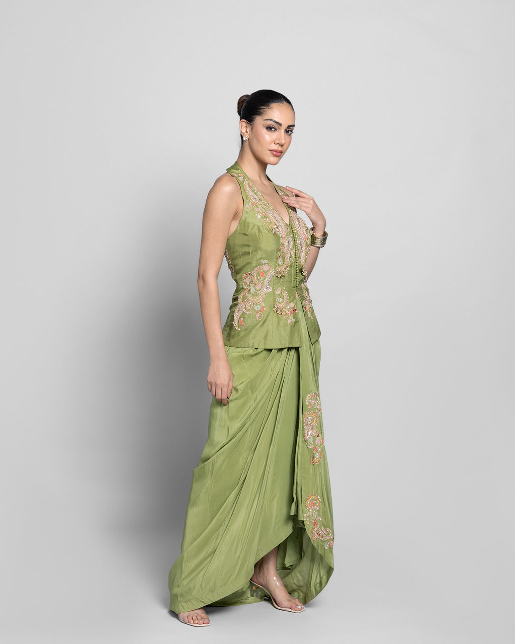 PASTEL MEHENDI PEPLUM TOP WITH PLEATED SKIRT SET