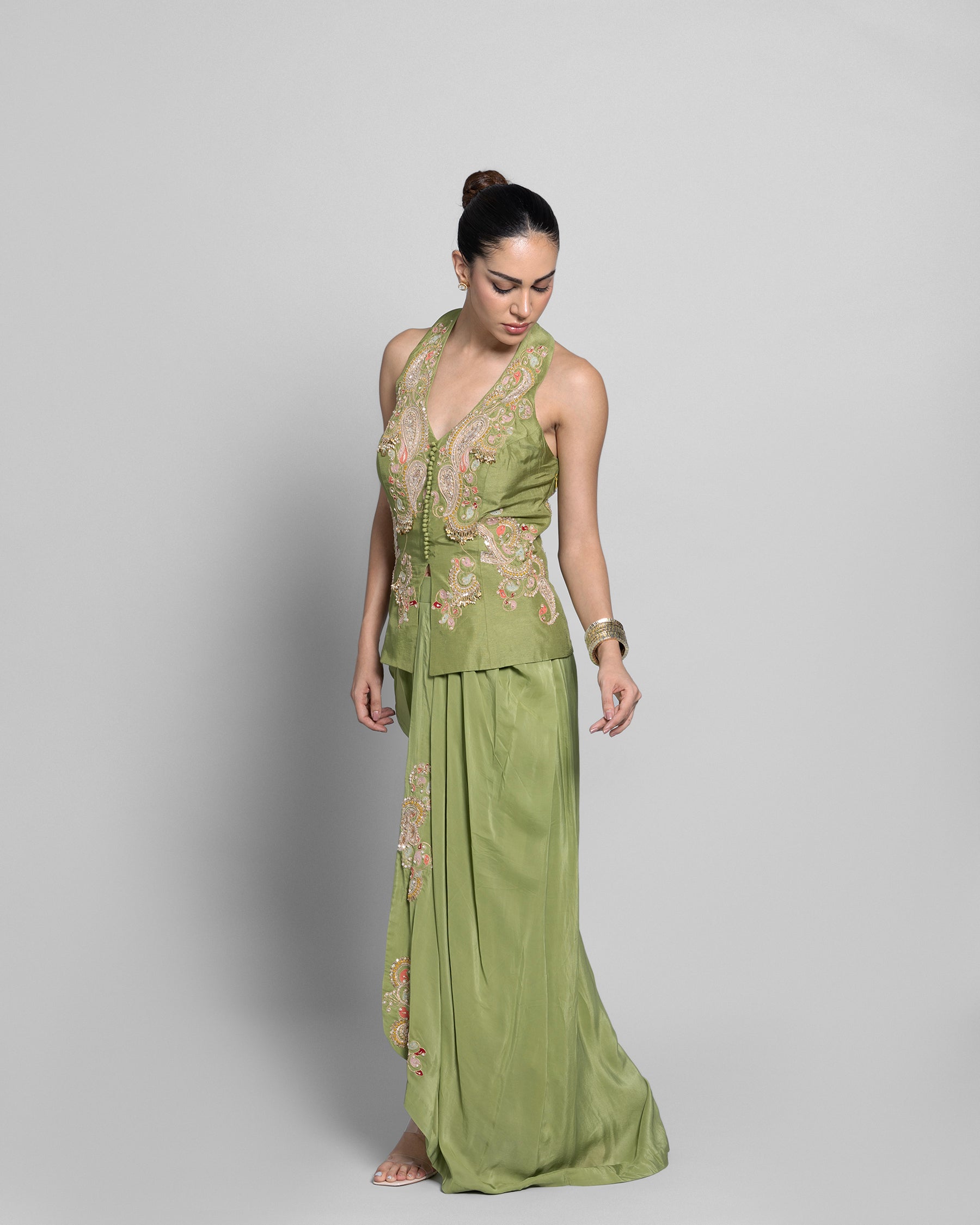 PASTEL MEHENDI PEPLUM TOP WITH PLEATED SKIRT SET