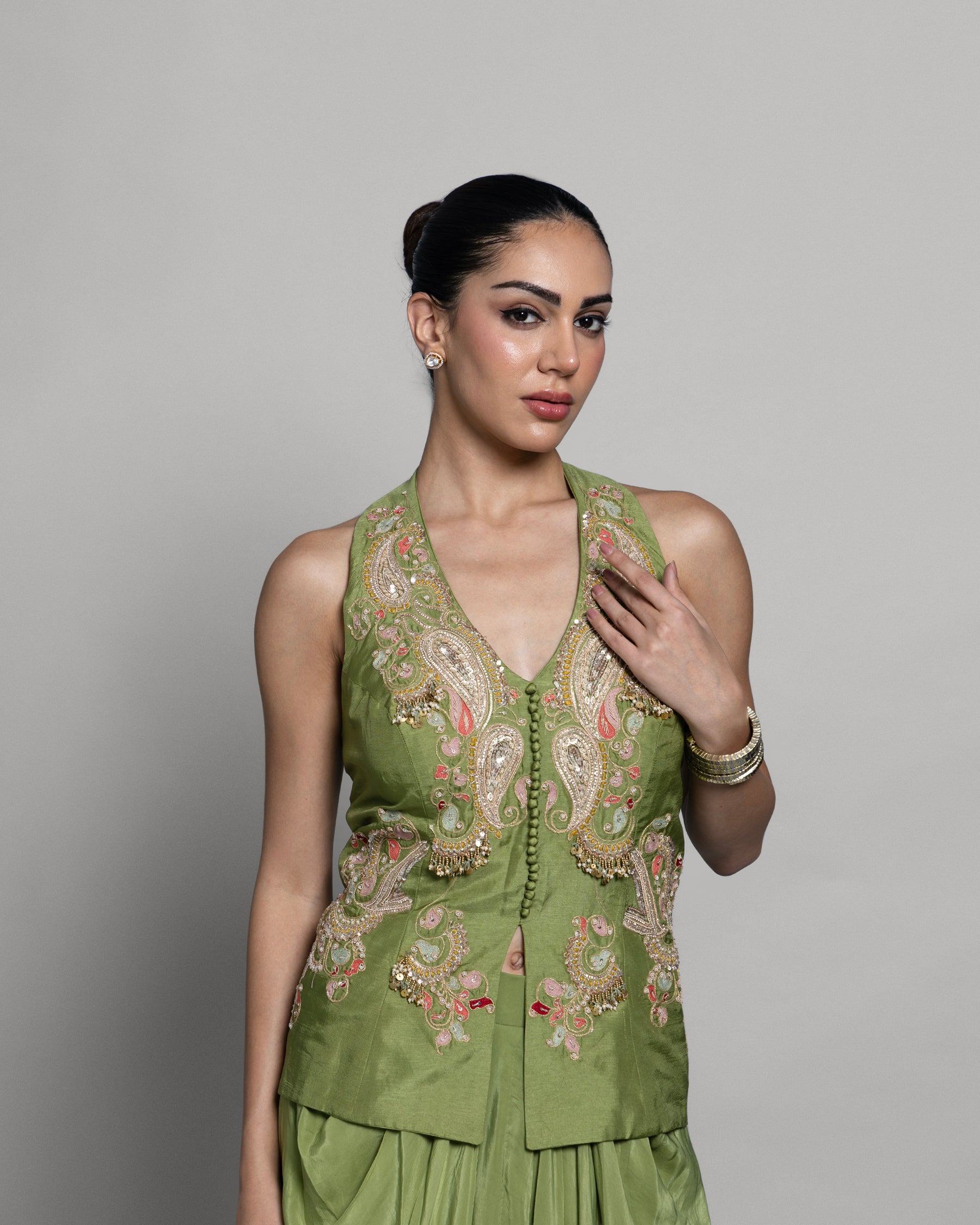 PASTEL MEHENDI PEPLUM TOP WITH PLEATED SKIRT SET