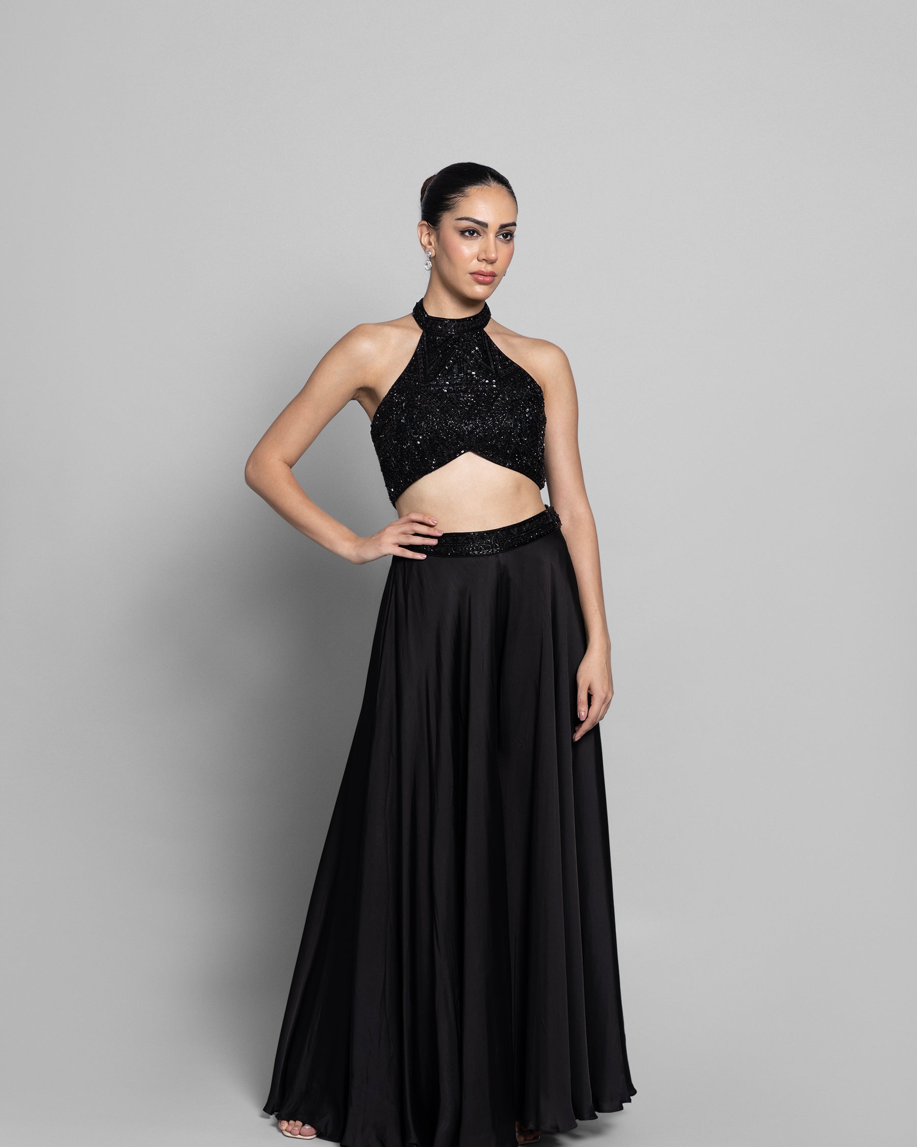 EBONY HALTER NECK EMBELLISHED TOP WITH PALAZZO