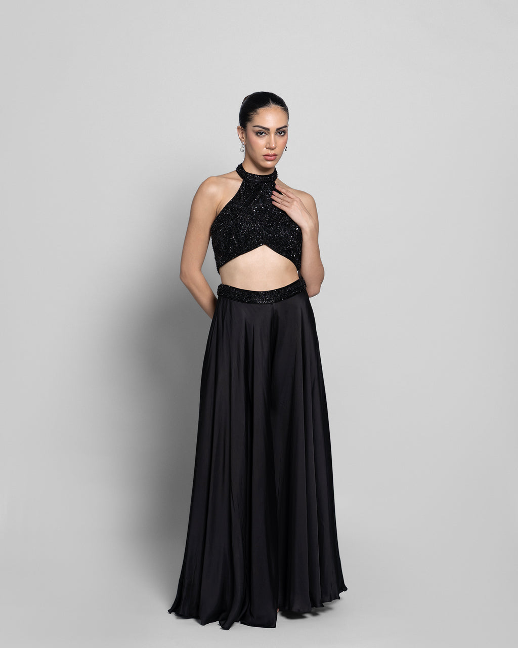 EBONY HALTER NECK EMBELLISHED TOP WITH PALAZZO