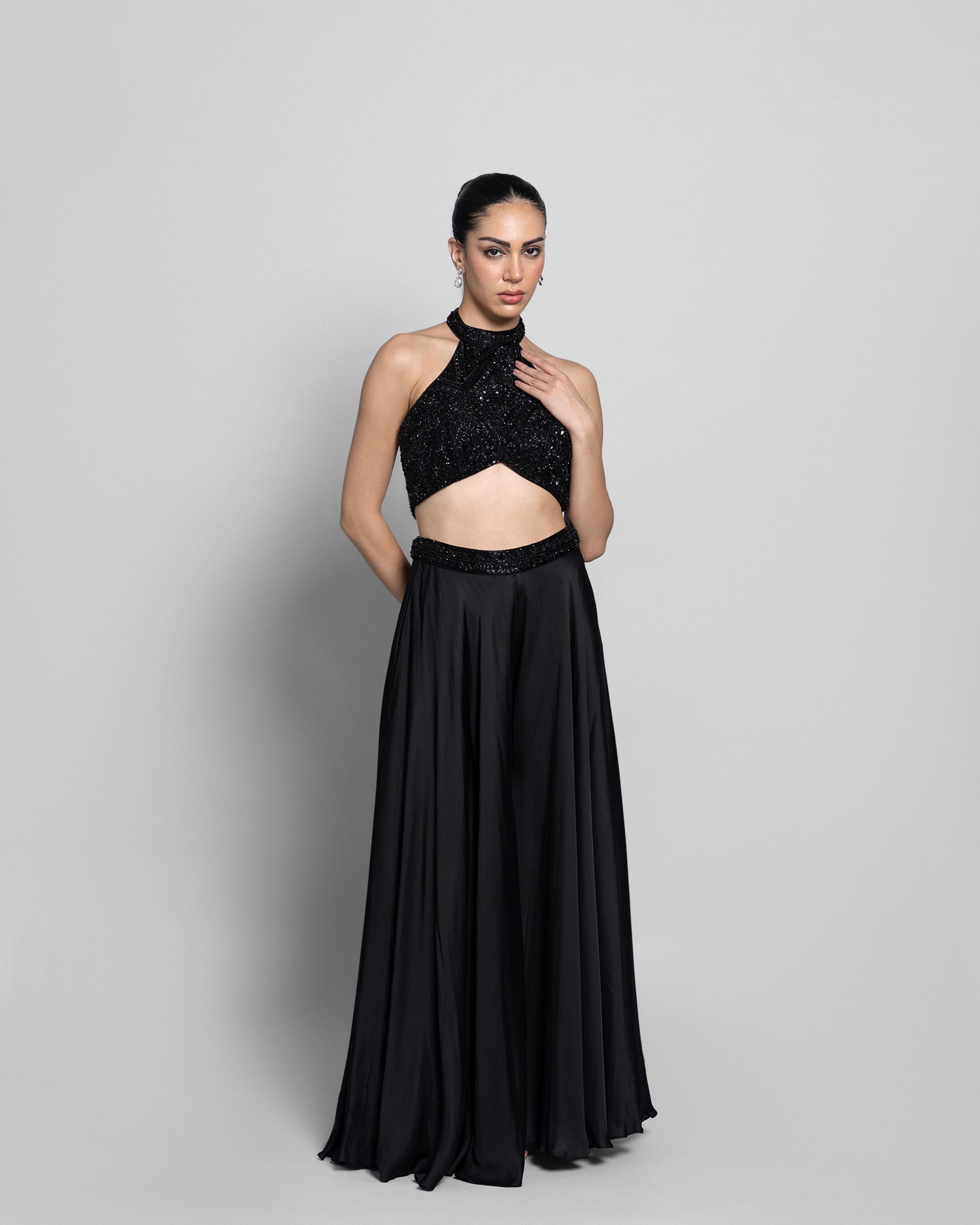 EBONY HALTER NECK EMBELLISHED TOP WITH PALAZZO