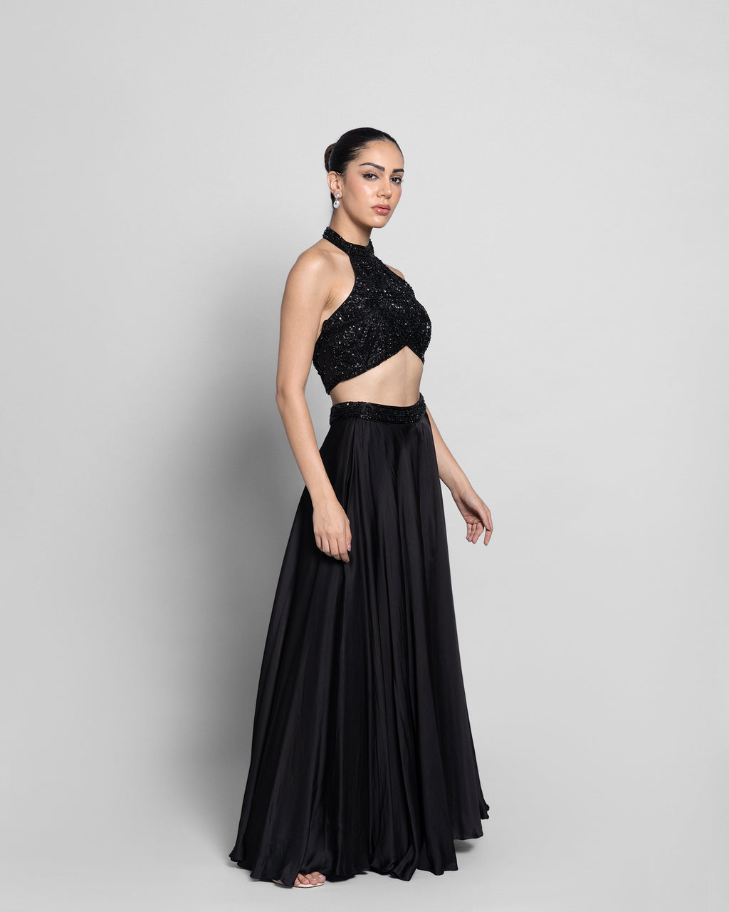 EBONY HALTER NECK EMBELLISHED TOP WITH PALAZZO